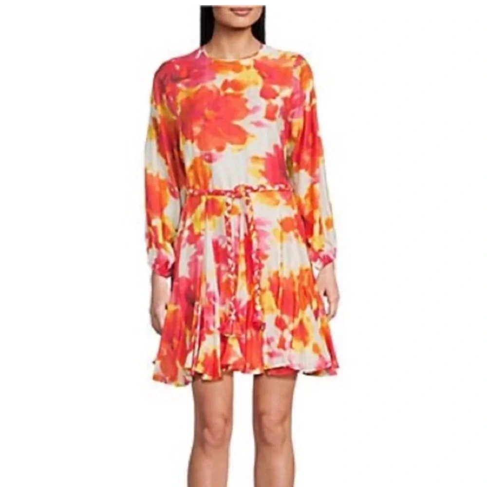 Alex Marie Riley watercolor long sleeve satin tie waist belted dress - Picture 2 of 8